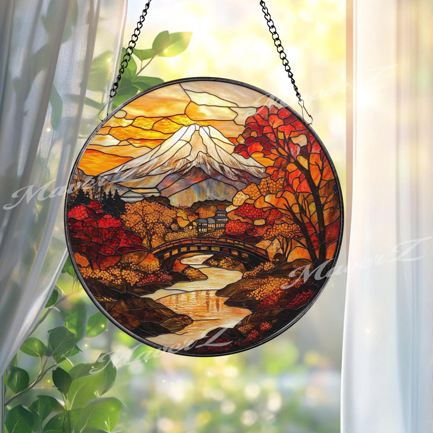 Mount Fuji Autumn Stained Glass Suncatcher, Japanese Fall Landscape Window Hanging, Round Nature Scene Panel, Zen Travel Gift Idea