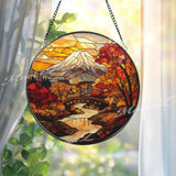 Mount Fuji Autumn Stained Glass Suncatcher, Japanese Fall Landscape Window Hanging, Round Nature Scene Panel, Zen Travel Gift Idea