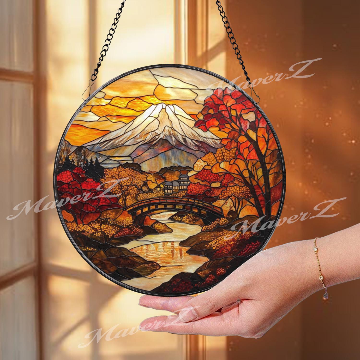 Mount Fuji Autumn Stained Glass Suncatcher, Japanese Fall Landscape Window Hanging, Round Nature Scene Panel, Zen Travel Gift Idea