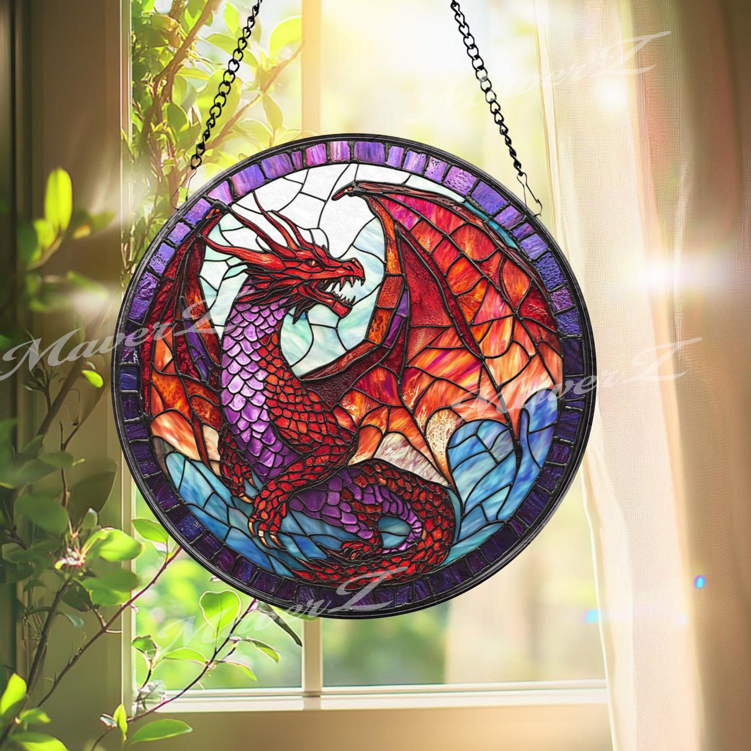 Red Dragon Stained Glass Suncatcher, Fantasy Dragon Window Hanging, Purple Winged Dragon Art Panel, Gothic Mythical Creature Gift Decor