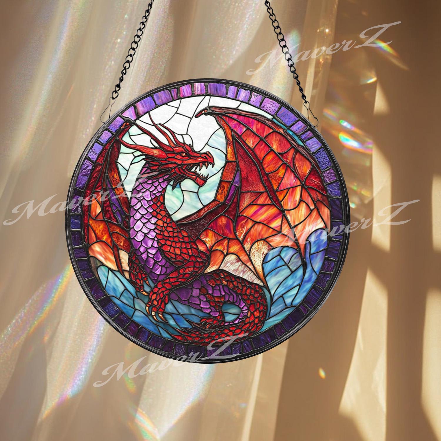 Red Dragon Stained Glass Suncatcher, Fantasy Dragon Window Hanging, Purple Winged Dragon Art Panel, Gothic Mythical Creature Gift Decor