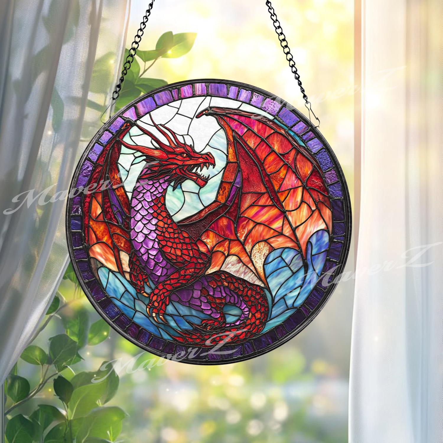Red Dragon Stained Glass Suncatcher, Fantasy Dragon Window Hanging, Purple Winged Dragon Art Panel, Gothic Mythical Creature Gift Decor