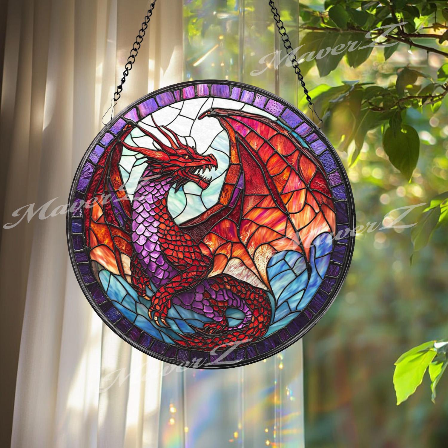 Red Dragon Stained Glass Suncatcher, Fantasy Dragon Window Hanging, Purple Winged Dragon Art Panel, Gothic Mythical Creature Gift Decor