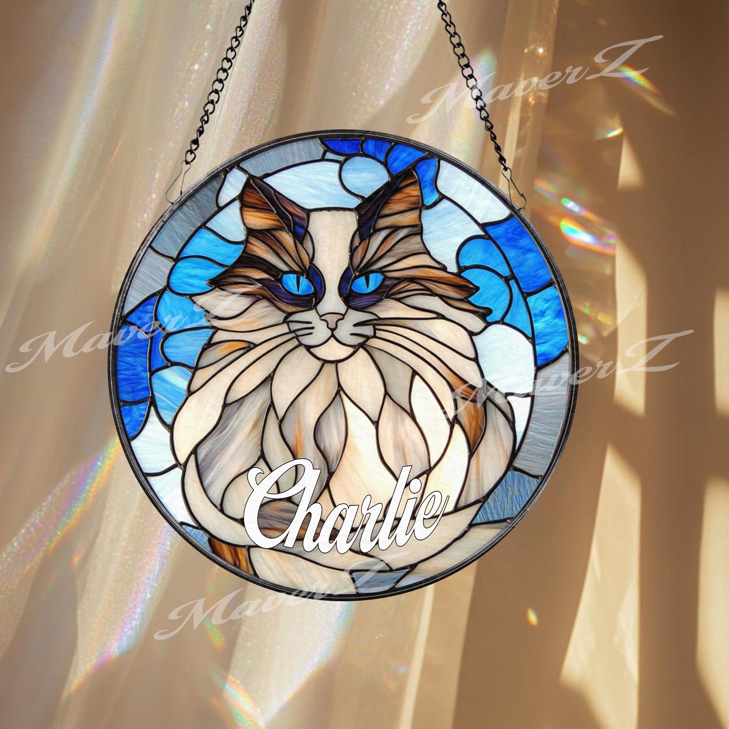 Custom Cat Name Stained Glass Suncatcher, Longhair Blue-Eyed Cat Window Panel, Personalized Pet Memorial Gift, Kitty Lover Home Decor