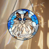 Custom Cat Name Stained Glass Suncatcher, Longhair Blue-Eyed Cat Window Panel, Personalized Pet Memorial Gift, Kitty Lover Home Decor