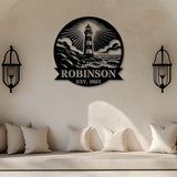Custom Lighthouse Metal Sign, Personalized Coastal Wall Art with Family Name and Year, Nautical Decor for Beach House or Porch