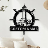 Custom Nautical Lighthouse Metal Sign with Ship Wheel, Personalized Coastal Name Sign, Ocean Theme Decor for Beach House or Boat
