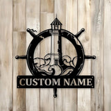 Custom Nautical Lighthouse Metal Sign with Ship Wheel, Personalized Coastal Name Sign, Ocean Theme Decor for Beach House or Boat