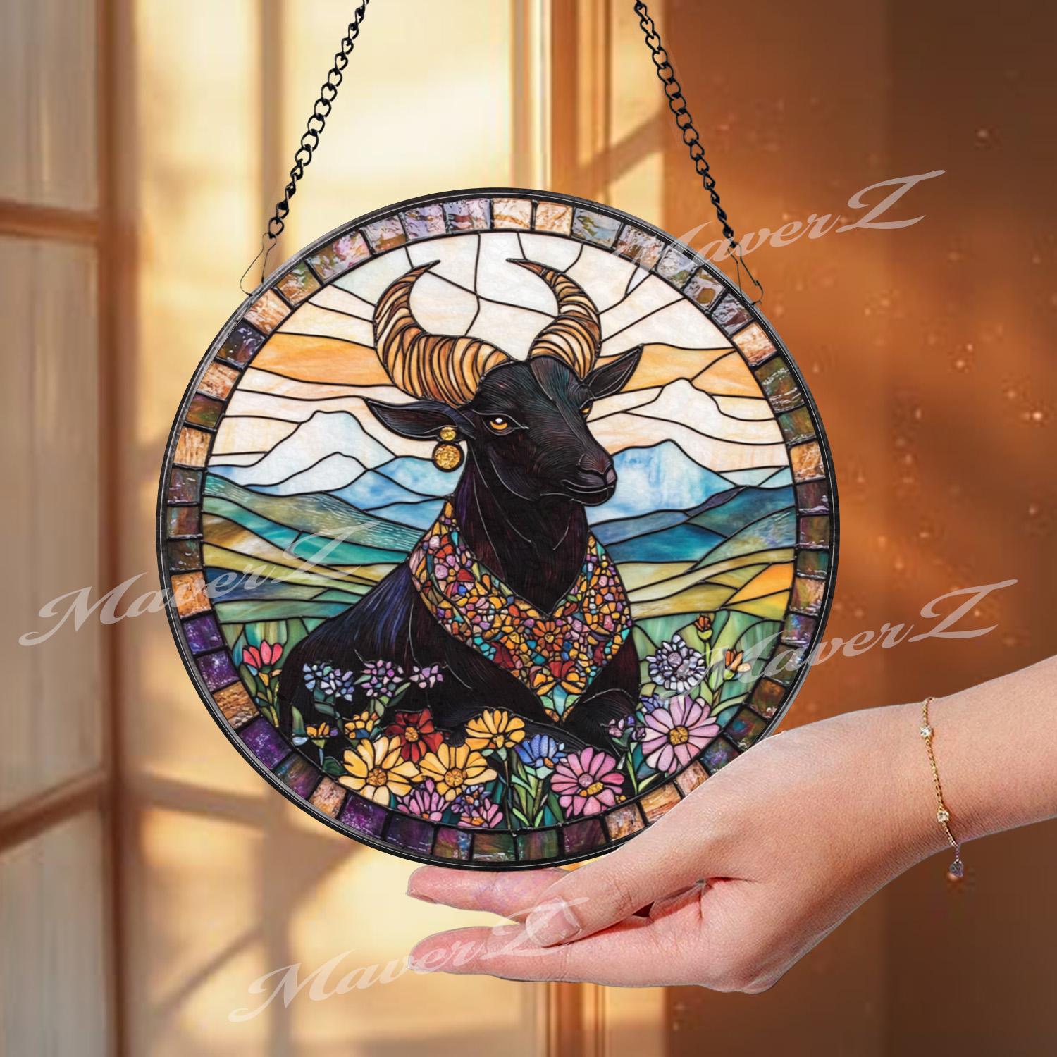 Majestic Bull Stained Glass Suncatcher, Floral Highland Window Hanging, Boho Farmhouse Animal Decor Gift for Nature Lovers