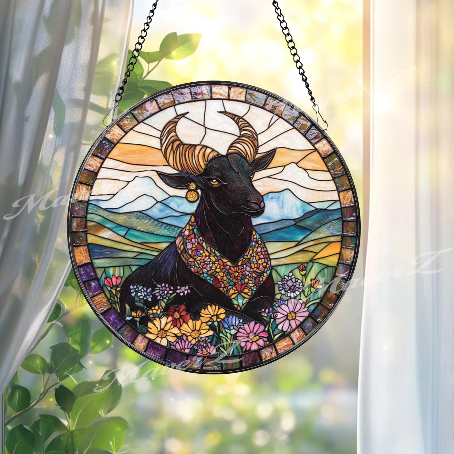 Majestic Bull Stained Glass Suncatcher, Floral Highland Window Hanging, Boho Farmhouse Animal Decor Gift for Nature Lovers
