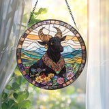 Majestic Bull Stained Glass Suncatcher, Floral Highland Window Hanging, Boho Farmhouse Animal Decor Gift for Nature Lovers