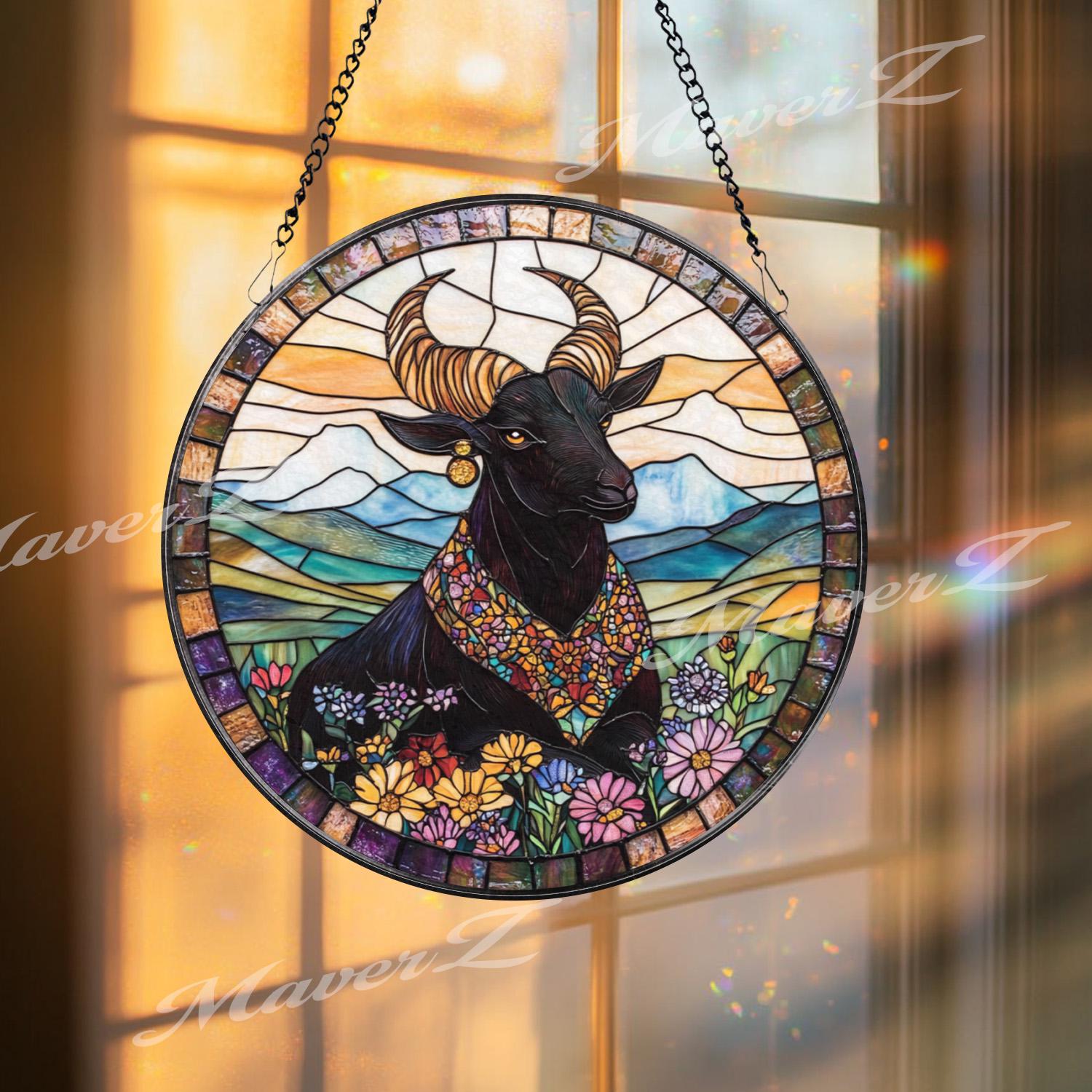 Majestic Bull Stained Glass Suncatcher, Floral Highland Window Hanging, Boho Farmhouse Animal Decor Gift for Nature Lovers