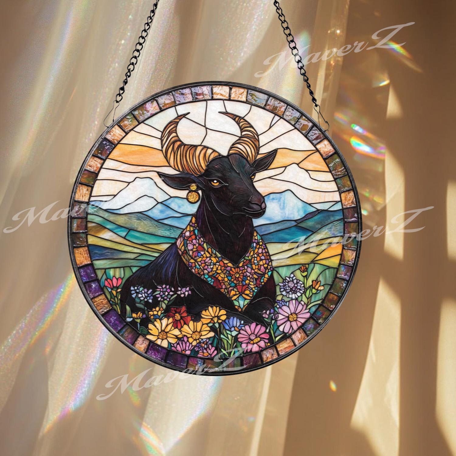 Majestic Bull Stained Glass Suncatcher, Floral Highland Window Hanging, Boho Farmhouse Animal Decor Gift for Nature Lovers