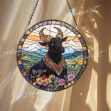Majestic Bull Stained Glass Suncatcher, Floral Highland Window Hanging, Boho Farmhouse Animal Decor Gift for Nature Lovers