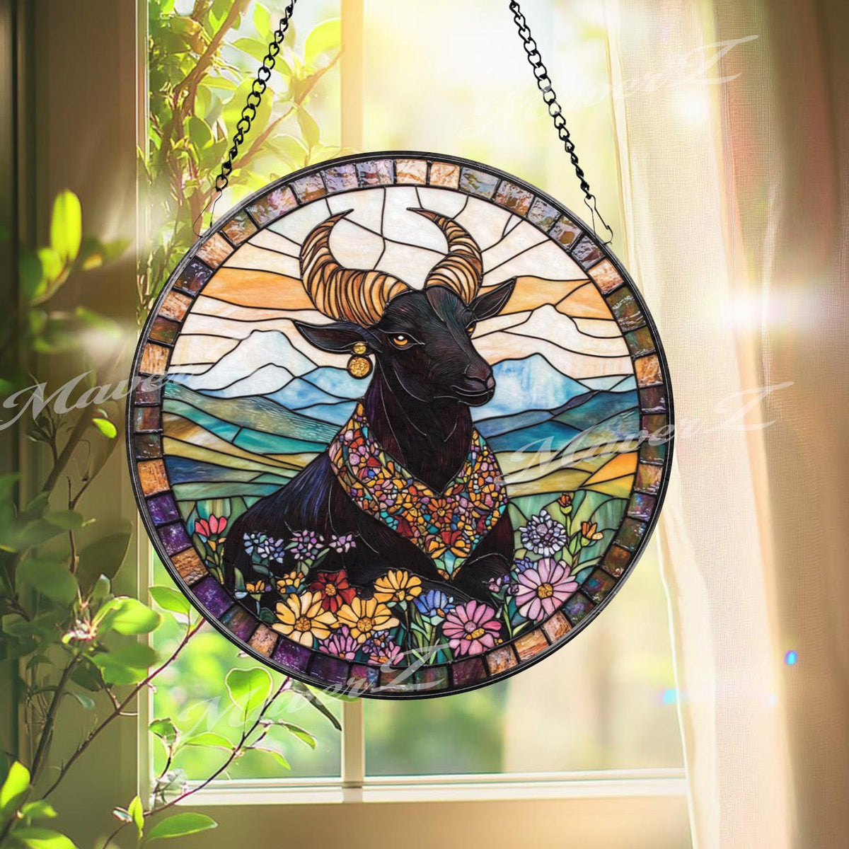 Majestic Bull Stained Glass Suncatcher, Floral Highland Window Hanging, Boho Farmhouse Animal Decor Gift for Nature Lovers