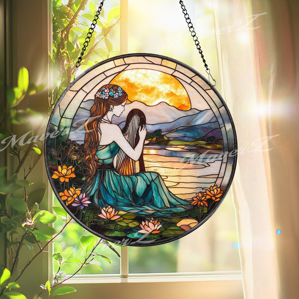 Harp Girl Stained Glass Suncatcher, Sunset Lake Window Hanging, Tranquil Nature Art Gift for Music Lovers and Boho Decor Fans