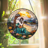 Harp Girl Stained Glass Suncatcher, Sunset Lake Window Hanging, Tranquil Nature Art Gift for Music Lovers and Boho Decor Fans