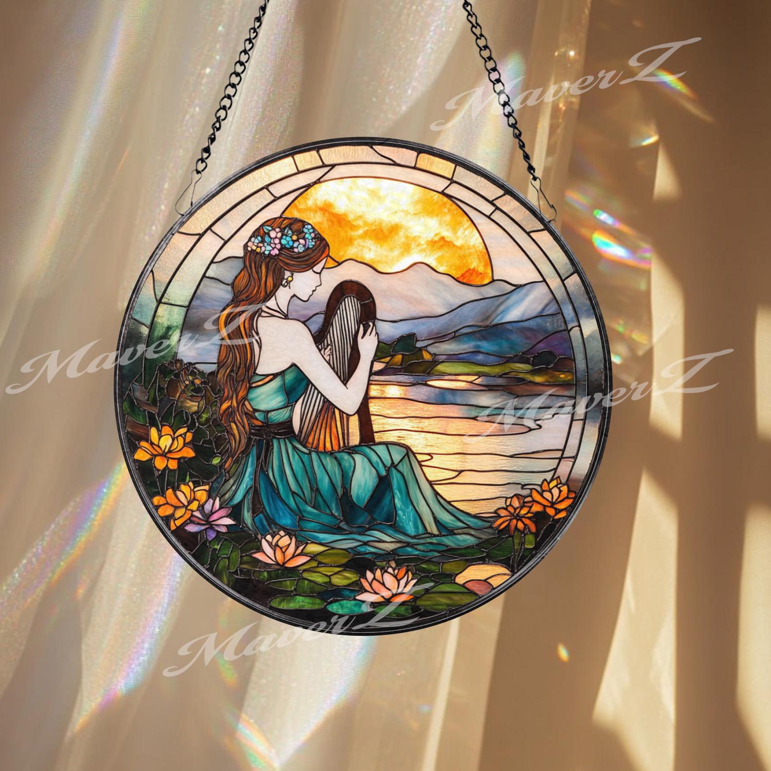 Harp Girl Stained Glass Suncatcher, Sunset Lake Window Hanging, Tranquil Nature Art Gift for Music Lovers and Boho Decor Fans
