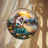 Harp Girl Stained Glass Suncatcher, Sunset Lake Window Hanging, Tranquil Nature Art Gift for Music Lovers and Boho Decor Fans