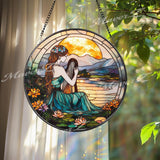Harp Girl Stained Glass Suncatcher, Sunset Lake Window Hanging, Tranquil Nature Art Gift for Music Lovers and Boho Decor Fans