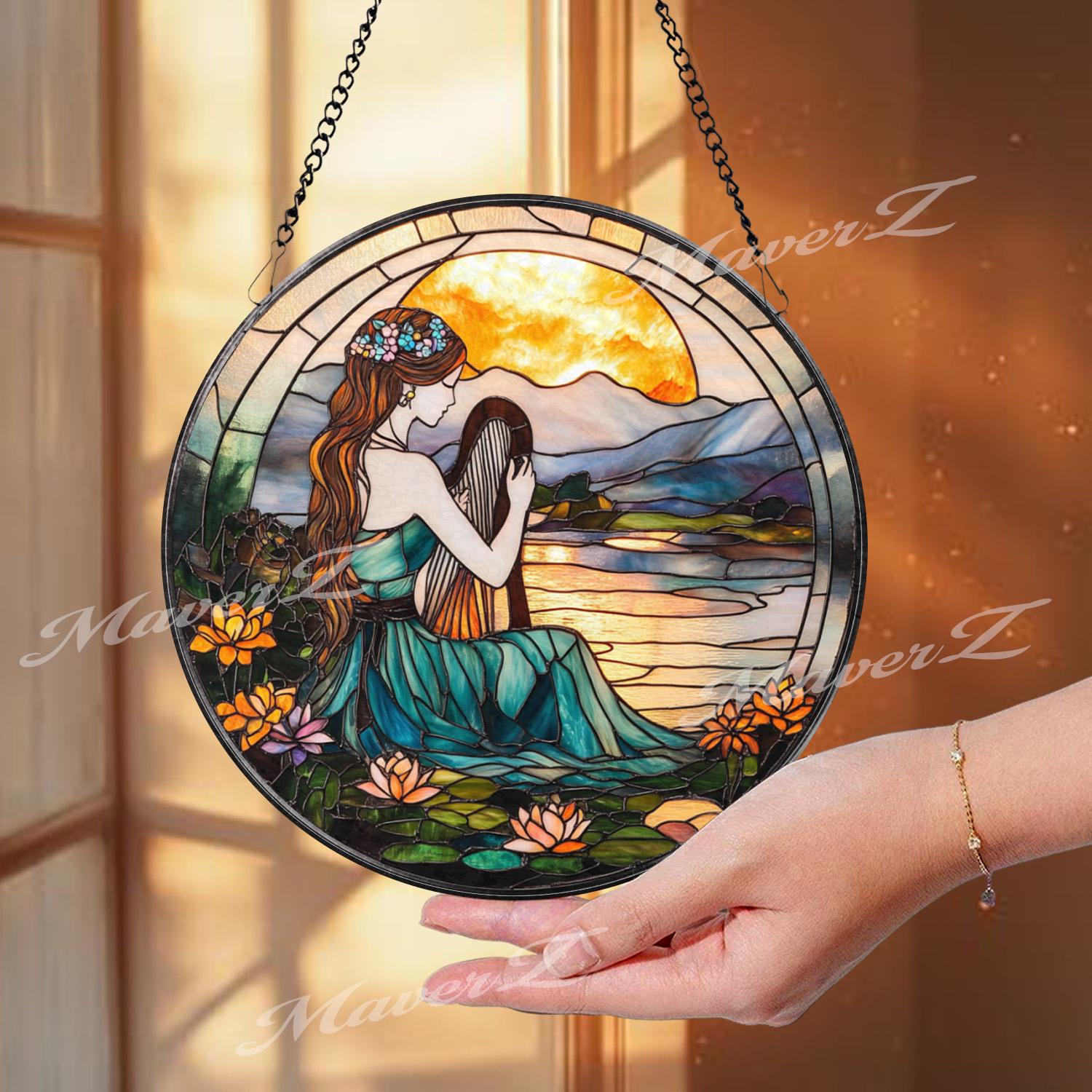 Harp Girl Stained Glass Suncatcher, Sunset Lake Window Hanging, Tranquil Nature Art Gift for Music Lovers and Boho Decor Fans