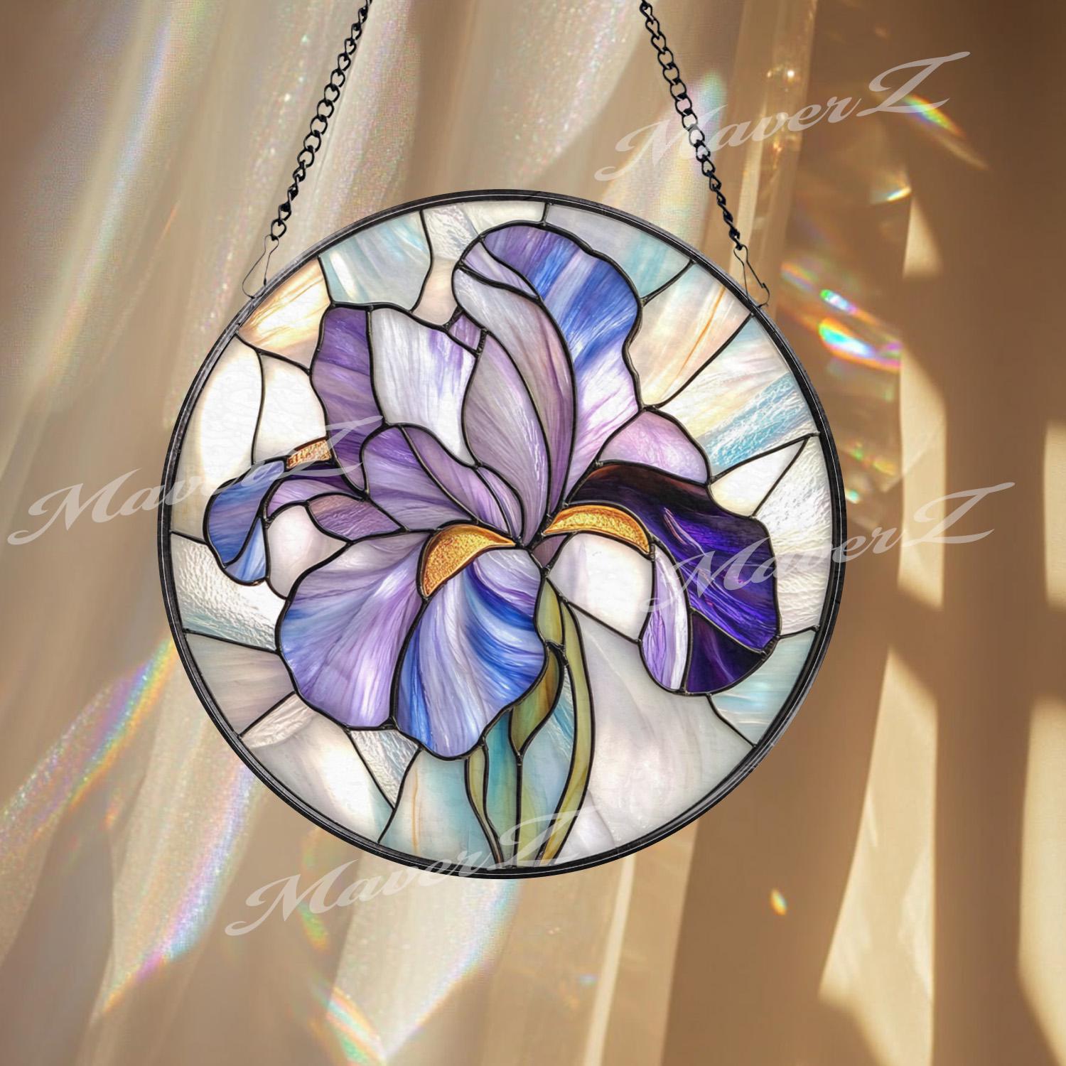 Purple Iris Stained Glass Suncatcher, Handmade Floral Window Hanging with Elegant Petals, Spring Garden Decor Gift for Her or Mom