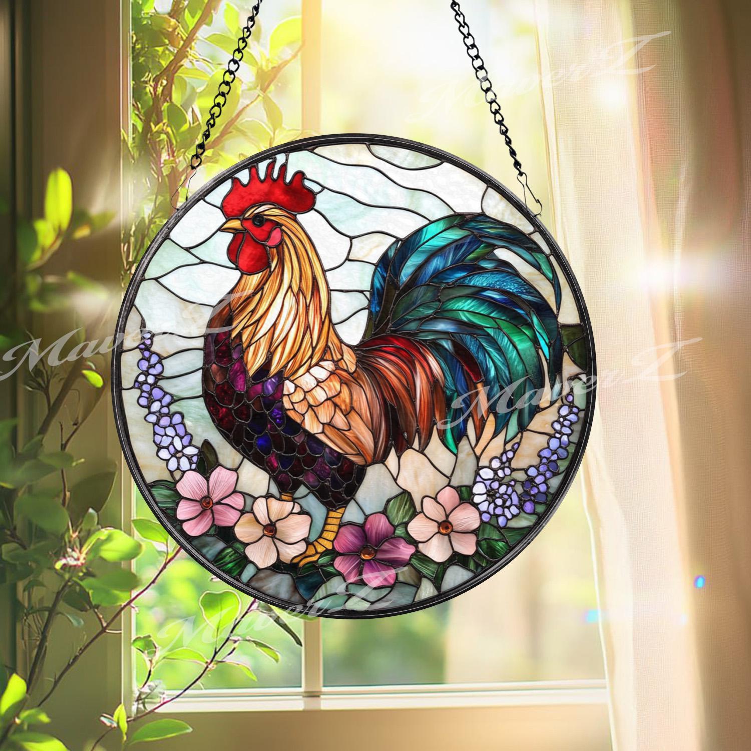 Colorful Rooster Stained Glass Suncatcher with Flowers, Vibrant Farmhouse Window Hanging, Rustic Country Chicken Decor Gift Idea