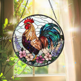 Colorful Rooster Stained Glass Suncatcher with Flowers, Vibrant Farmhouse Window Hanging, Rustic Country Chicken Decor Gift Idea