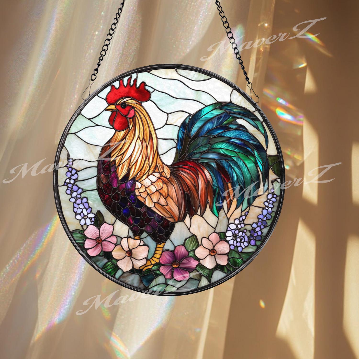 Colorful Rooster Stained Glass Suncatcher with Flowers, Vibrant Farmhouse Window Hanging, Rustic Country Chicken Decor Gift Idea