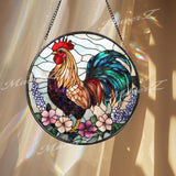 Colorful Rooster Stained Glass Suncatcher with Flowers, Vibrant Farmhouse Window Hanging, Rustic Country Chicken Decor Gift Idea