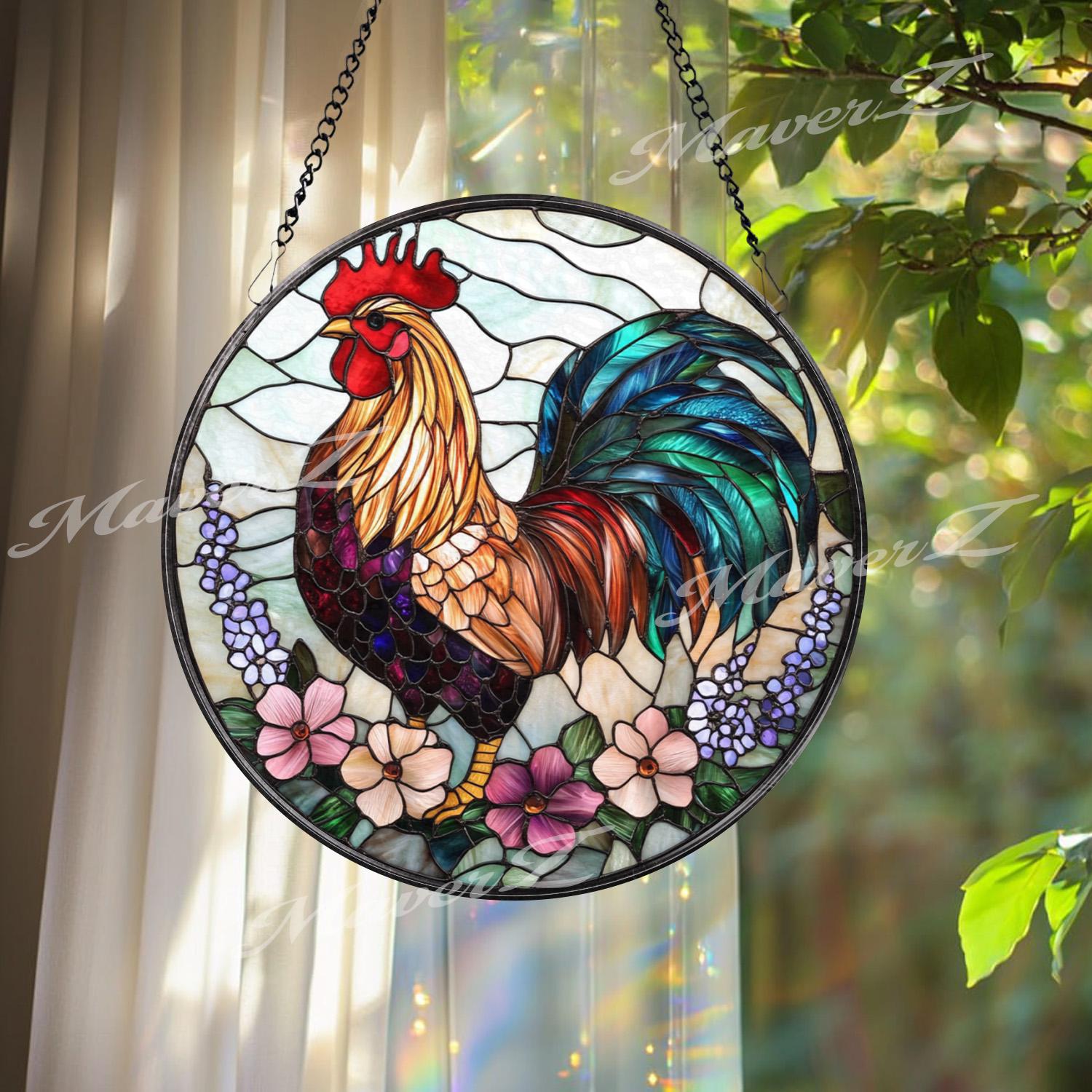 Colorful Rooster Stained Glass Suncatcher with Flowers, Vibrant Farmhouse Window Hanging, Rustic Country Chicken Decor Gift Idea