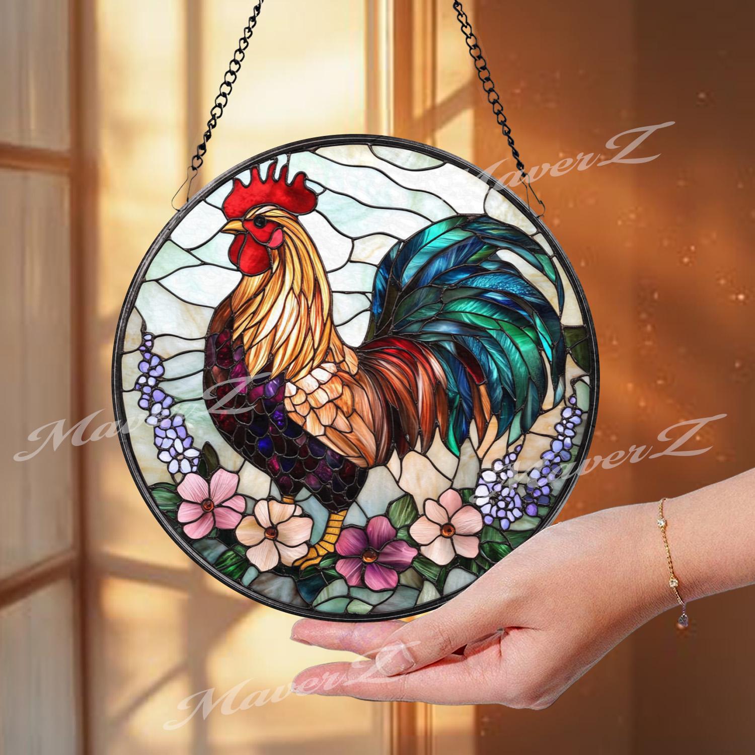Colorful Rooster Stained Glass Suncatcher with Flowers, Vibrant Farmhouse Window Hanging, Rustic Country Chicken Decor Gift Idea