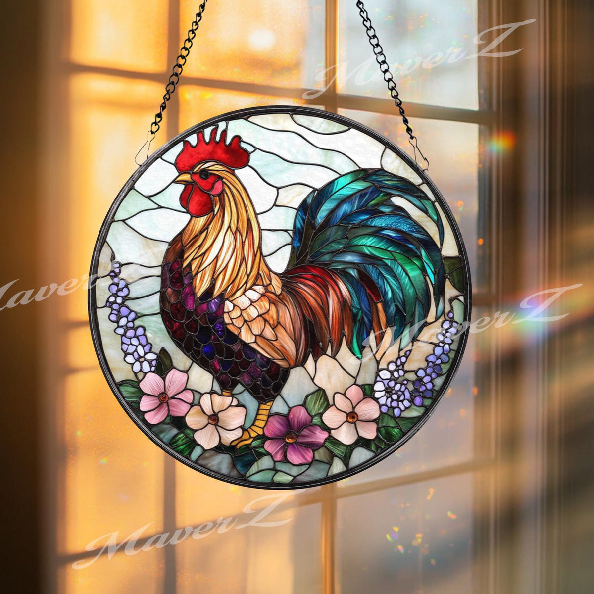 Colorful Rooster Stained Glass Suncatcher with Flowers, Vibrant Farmhouse Window Hanging, Rustic Country Chicken Decor Gift Idea