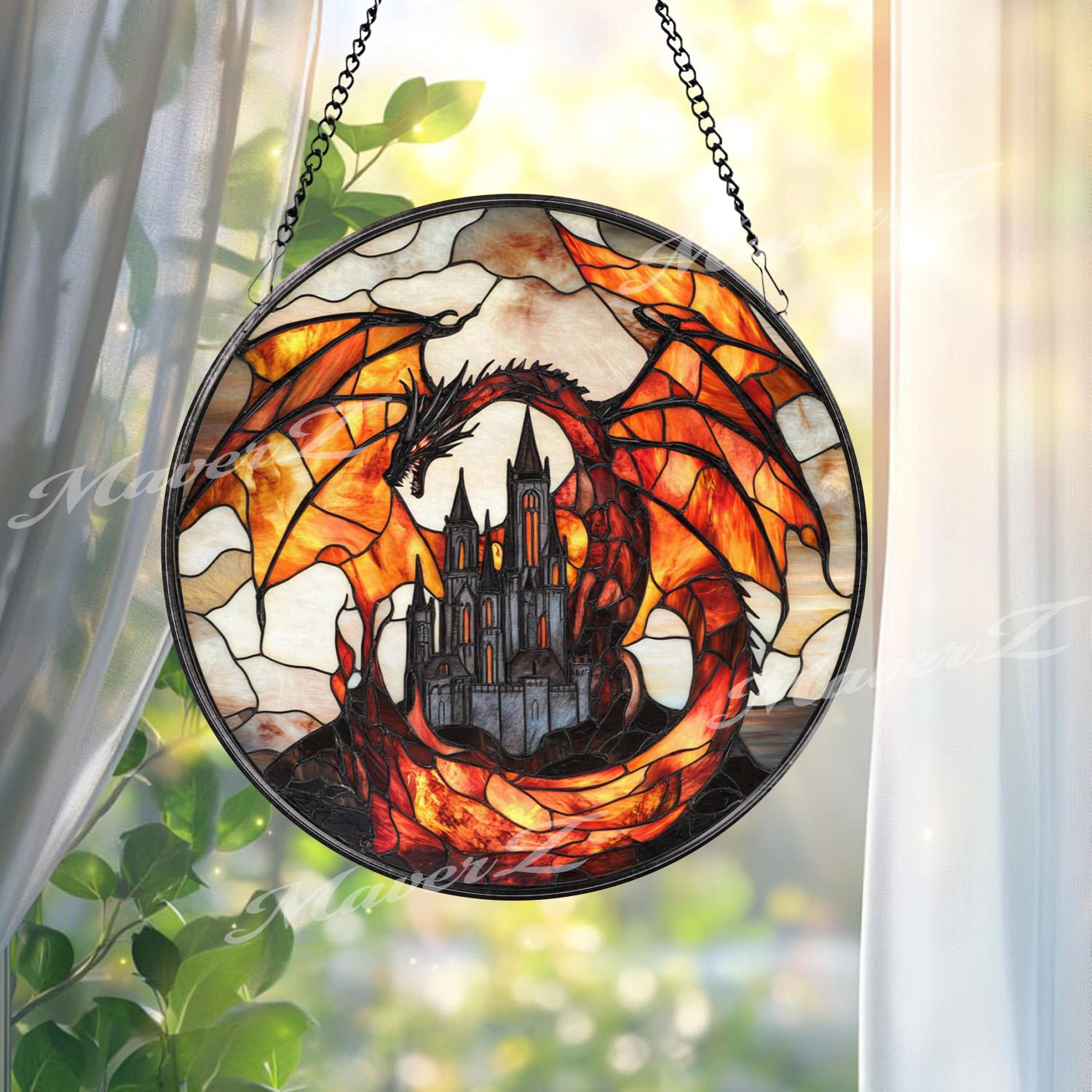 Fiery Dragon Stained Glass Suncatcher with Castle, Gothic Fantasy Window Hanging, Medieval Creature Decor for Dragon Lover Gift