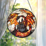 Fiery Dragon Stained Glass Suncatcher with Castle, Gothic Fantasy Window Hanging, Medieval Creature Decor for Dragon Lover Gift
