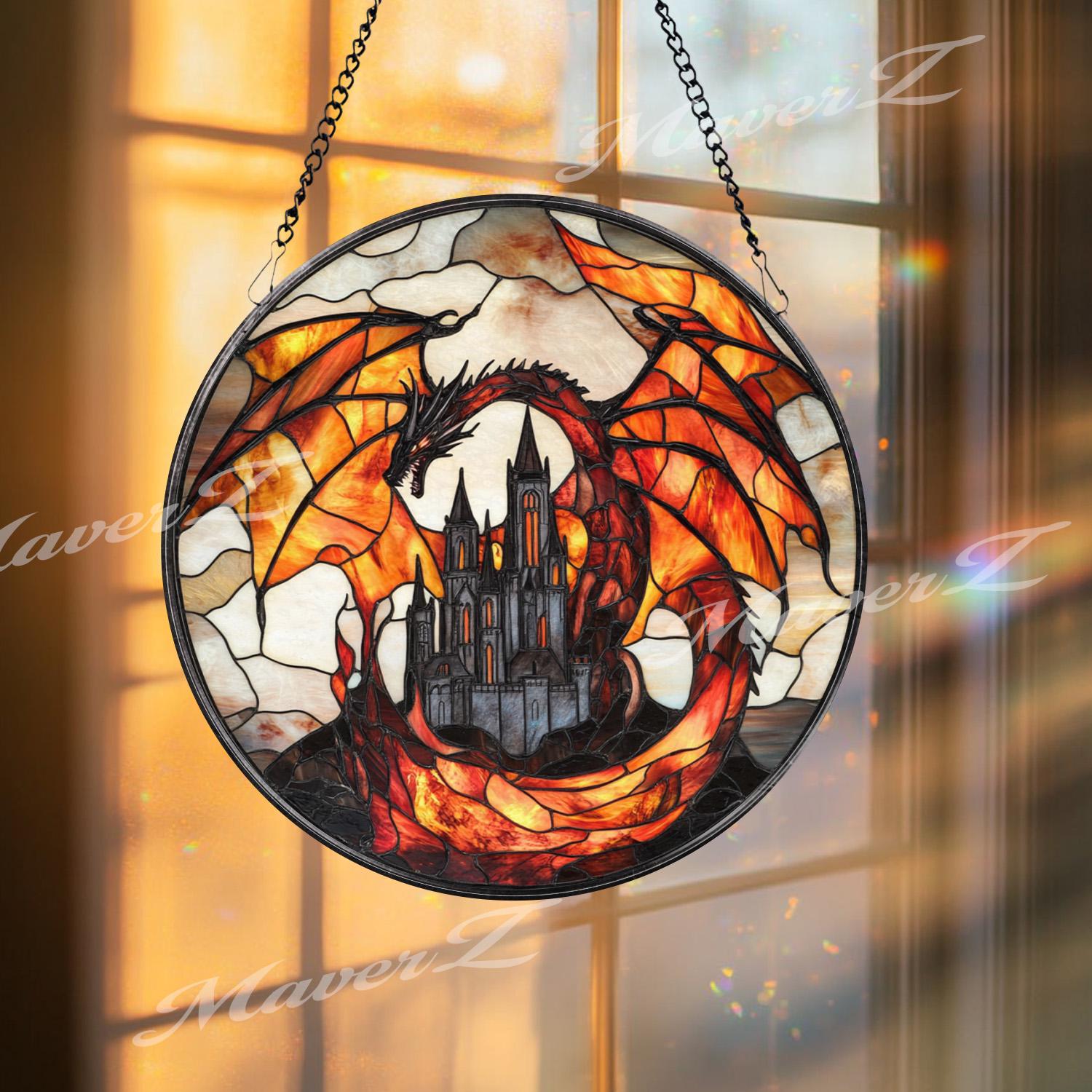 Fiery Dragon Stained Glass Suncatcher with Castle, Gothic Fantasy Window Hanging, Medieval Creature Decor for Dragon Lover Gift