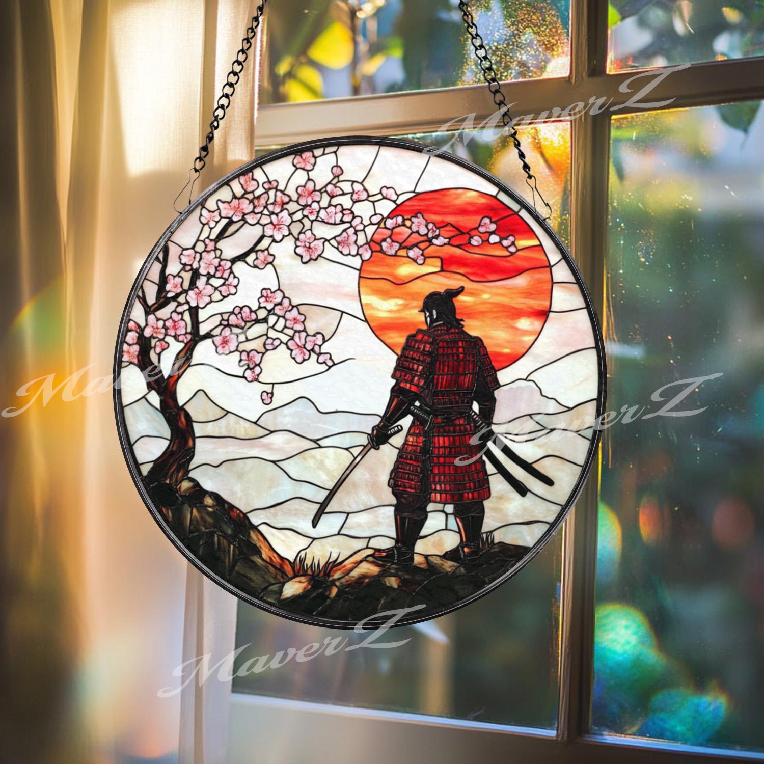 Samurai Warrior Stained Glass Suncatcher with Cherry Blossoms and Red Sunset, Traditional Japanese Window Art, Zen Bushido Decor Gift