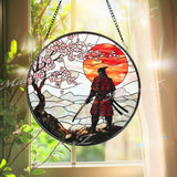 Samurai Warrior Stained Glass Suncatcher with Cherry Blossoms and Red Sunset, Traditional Japanese Window Art, Zen Bushido Decor Gift