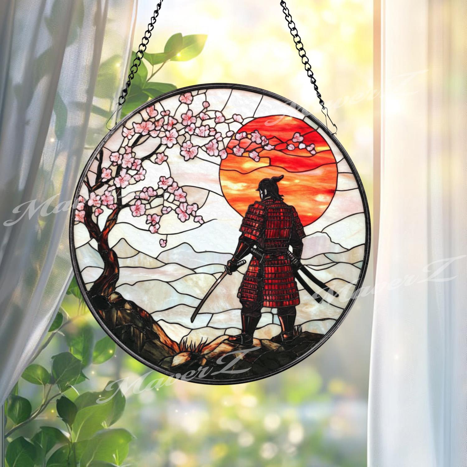 Samurai Warrior Stained Glass Suncatcher with Cherry Blossoms and Red Sunset, Traditional Japanese Window Art, Zen Bushido Decor Gift