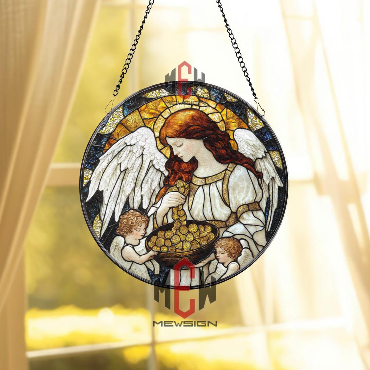 Angel and Cherubs Stained Glass Suncatcher – Guardian Angel Window Hanging, Blessings and Abundance Art Panel, Spiritual Gift for Home