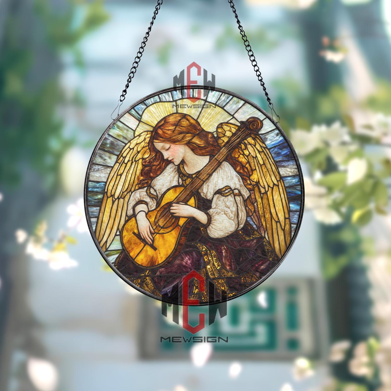 Angel Playing Lute Stained Glass Suncatcher, Vintage Music Angel Window Panel, Spiritual Guardian Art, Heavenly Gift for Peaceful Home