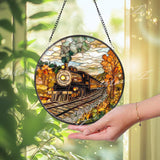 Autumn Train Suncatcher: Vintage Locomotive Stained Glass Window Panel