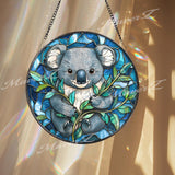 Koala Stained Glass Suncatcher, Cute Aussie Animal Window Hanging, Round Eucalyptus Forest Glass Art, Wildlife Gift for Nature Lovers