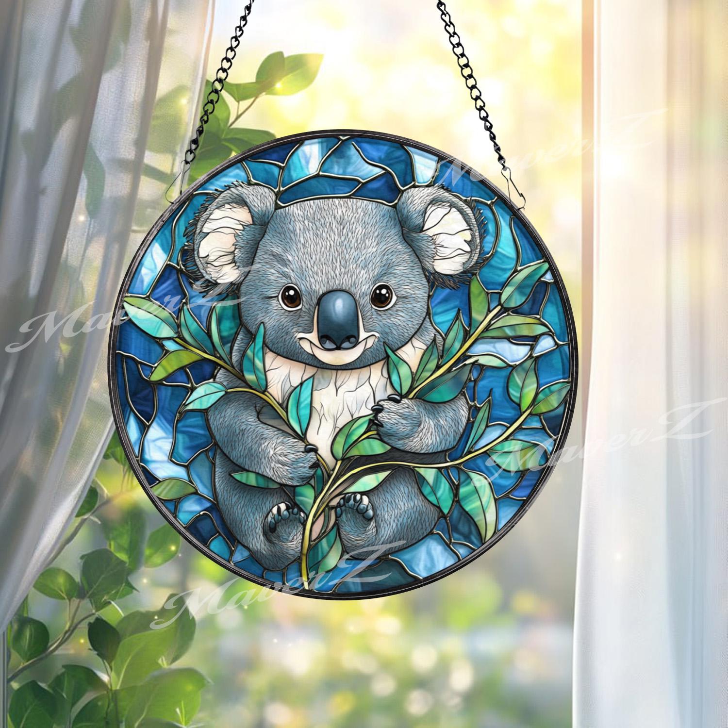 Koala Stained Glass Suncatcher, Cute Aussie Animal Window Hanging, Round Eucalyptus Forest Glass Art, Wildlife Gift for Nature Lovers