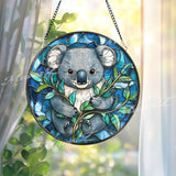 Koala Stained Glass Suncatcher, Cute Aussie Animal Window Hanging, Round Eucalyptus Forest Glass Art, Wildlife Gift for Nature Lovers