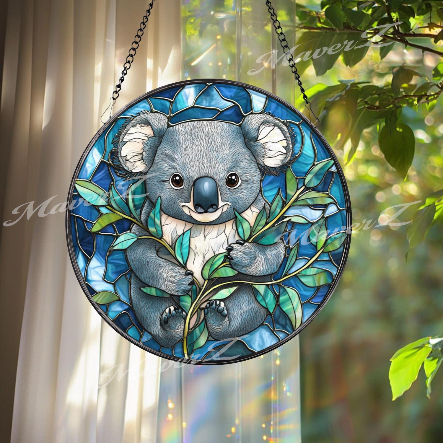 Koala Stained Glass Suncatcher, Cute Aussie Animal Window Hanging, Round Eucalyptus Forest Glass Art, Wildlife Gift for Nature Lovers