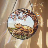 Bearded Dragon Stained Glass Suncatcher, Lizard on Rock Under Cherry Blossom Tree, Reptile Pet Window Panel, Nature Decor Gift Idea