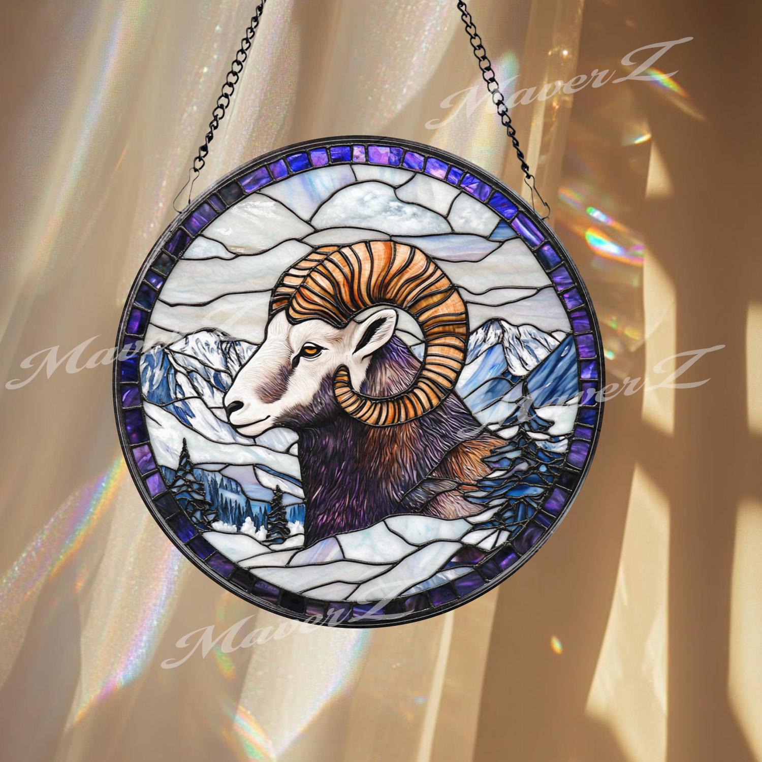 Bighorn Sheep Stained Glass Suncatcher, Mountain Wildlife Window Panel, Ram Decor for Nature Lovers, Rustic Cabin or Lodge Wall Art
