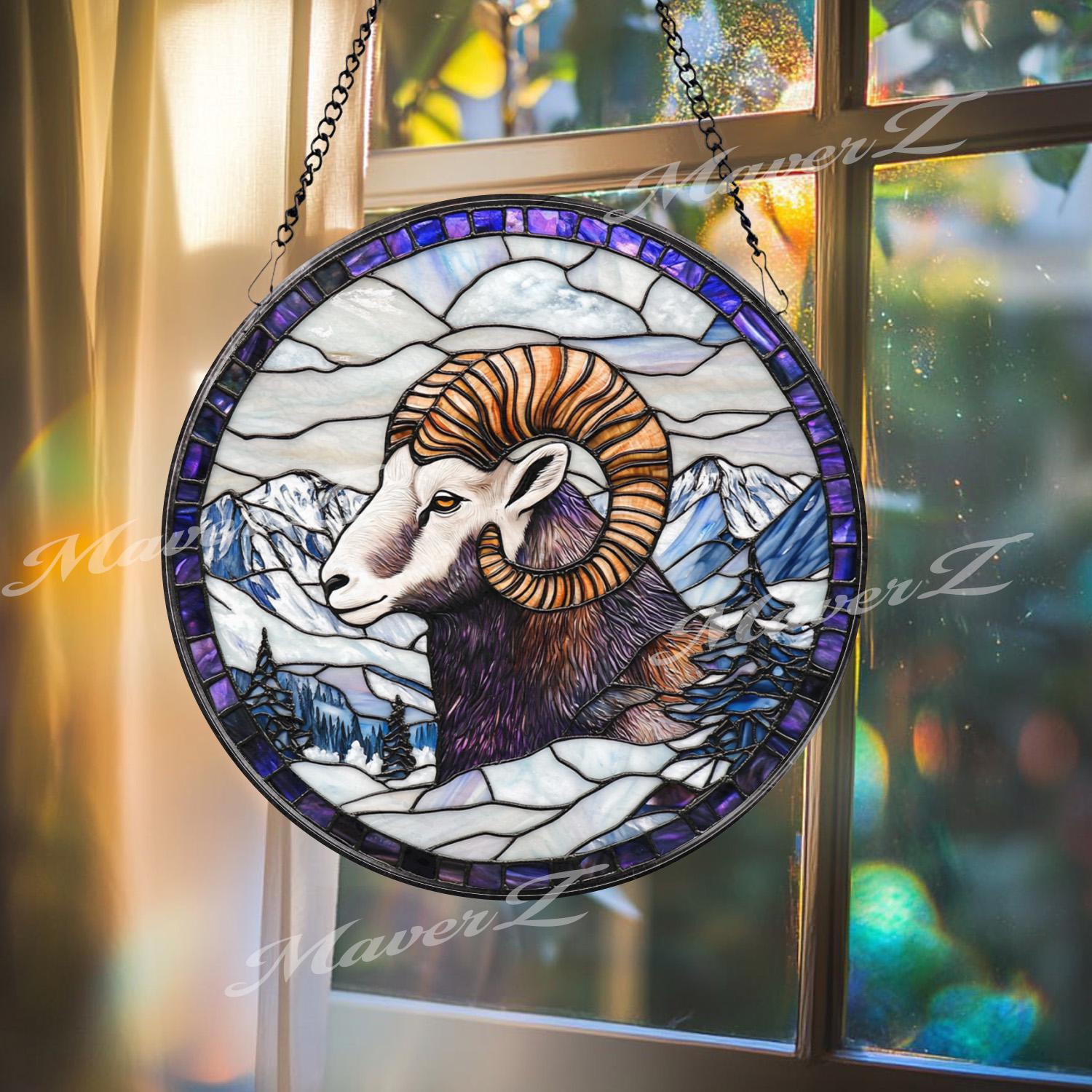 Bighorn Sheep Stained Glass Suncatcher, Mountain Wildlife Window Panel, Ram Decor for Nature Lovers, Rustic Cabin or Lodge Wall Art