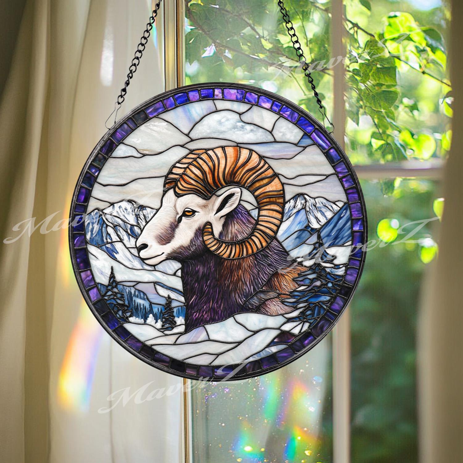 Bighorn Sheep Stained Glass Suncatcher, Mountain Wildlife Window Panel, Ram Decor for Nature Lovers, Rustic Cabin or Lodge Wall Art